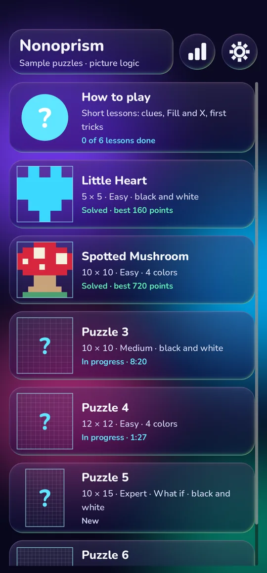 The puzzle list on the Aurora theme, with a How to play lesson card, a solved Little Heart, a solved four-color Spotted Mushroom and more puzzles with size, difficulty and progress.