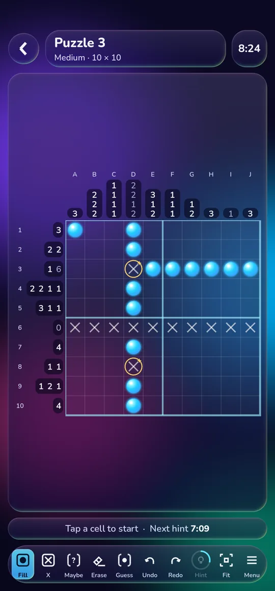 A 10 by 10 Nonoprism puzzle in progress on the Aurora (dark glass) theme, with glowing cyan filled cells, X marks and number clues on a deep violet board.