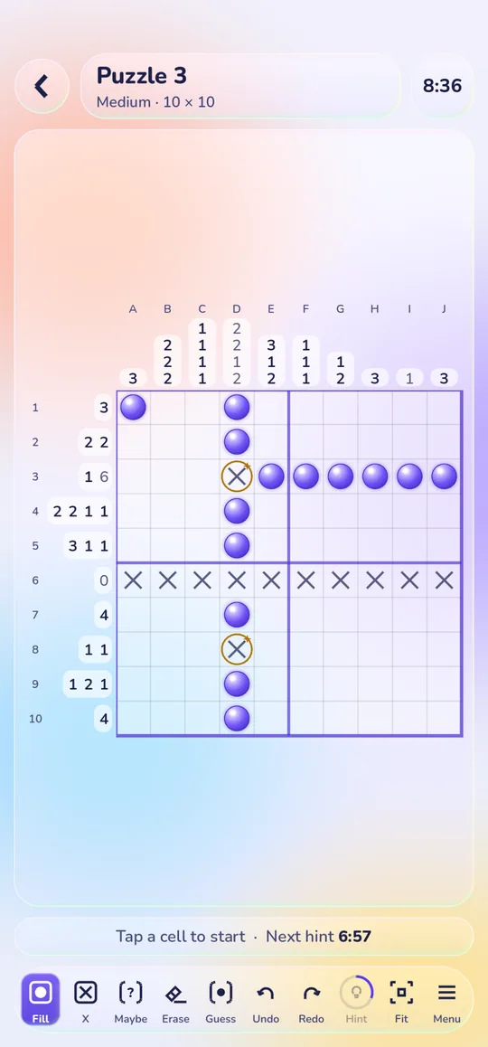 A 10 by 10 puzzle in progress on the Frost (light glass) theme: number clues along the top and left, violet filled cells and X marks, and a toolbar with Fill, X, Maybe, Erase, Guess, Undo, Redo and Hint.