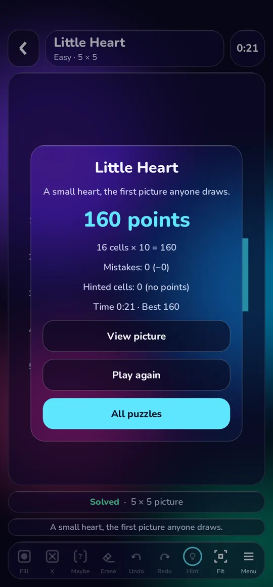 The solved card for Little Heart on the Aurora theme: 160 points, mistakes, hinted cells and time, with buttons to view the picture, replay or go back to all puzzles.